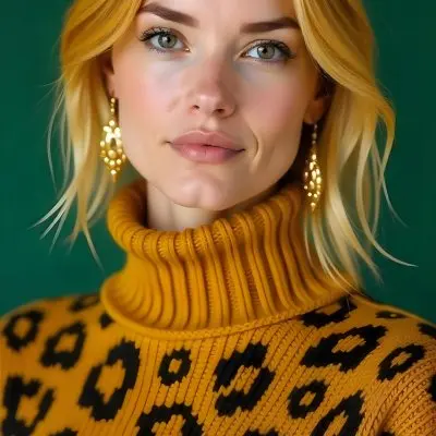 A Caucasian Woman 25 Years Old With Yellow Hair And Green Eyes Wearing A Yellow And Black Leopard Turtleneck Sweater And Golden Earrings In A Green Background 30 E7fe