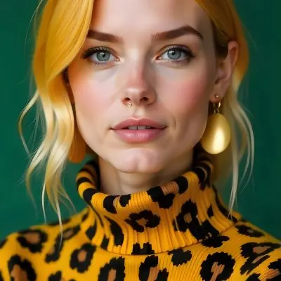 A Caucasian Woman 25 Years Old With Yellow Hair And Green Eyes Wearing A Yellow And Black Leopard Turtleneck Sweater And Golden Earrings In A Green Background 32 E769