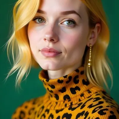 A Caucasian Woman 25 Years Old With Yellow Hair And Green Eyes Wearing A Yellow And Black Leopard Turtleneck Sweater And Golden Earrings In A Green Background 34 Cdd3