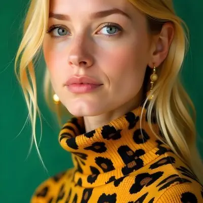 A Caucasian Woman 25 Years Old With Yellow Hair And Green Eyes Wearing A Yellow And Black Leopard Turtleneck Sweater And Golden Earrings In A Green Background 36 D38a