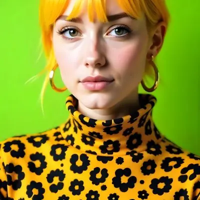 A Caucasian Woman 25 Years Old With Yellow Hair And Green Eyes Wearing A Yellow And Black Leopard Turtleneck Sweater And Golden Earrings In A Green Background 37 Ae55