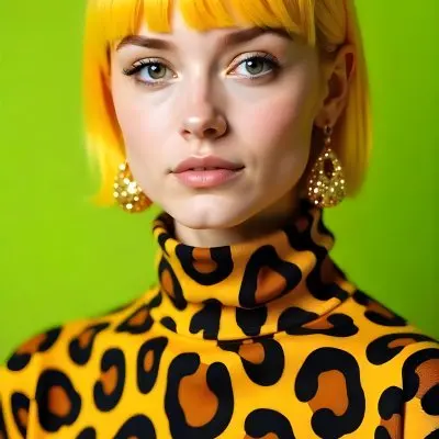A Caucasian Woman 25 Years Old With Yellow Hair And Green Eyes Wearing A Yellow And Black Leopard Turtleneck Sweater And Golden Earrings In A Green Background 38 563d