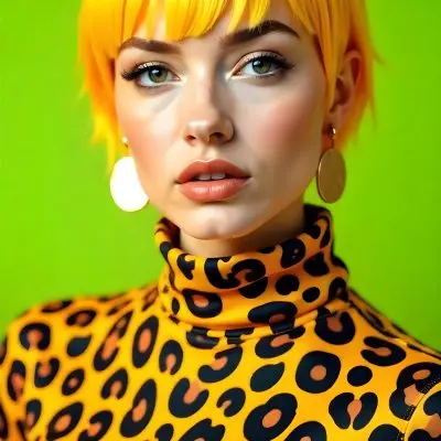 A Caucasian Woman 25 Years Old With Yellow Hair And Green Eyes Wearing A Yellow And Black Leopard Turtleneck Sweater And Golden Earrings In A Green Background 5 065d
