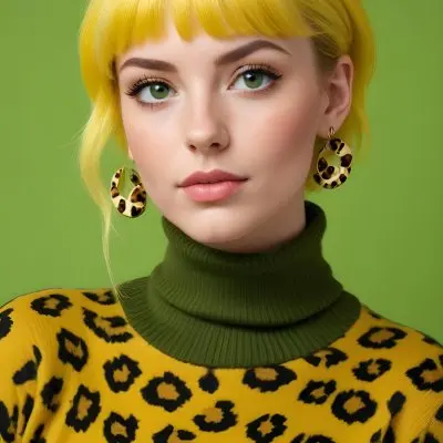 A Caucasian Woman 25 Years Old With Yellow Hair And Green Eyes Wearing A Yellow And Black Leopard Turtleneck Sweater And Golden Earrings In A Green Background 6 A8f6