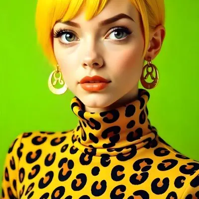 A Caucasian Woman 25 Years Old With Yellow Hair And Green Eyes Wearing A Yellow And Black Leopard Turtleneck Sweater And Golden Earrings In A Green Background 7 Fee9