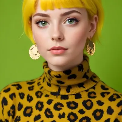 A Caucasian Woman 25 Years Old With Yellow Hair And Green Eyes Wearing A Yellow And Black Leopard Turtleneck Sweater And Golden Earrings In A Green Background 8 E08a