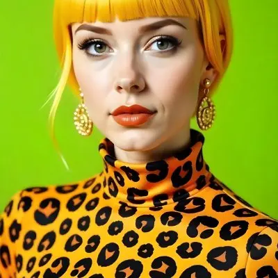 A Caucasian Woman 25 Years Old With Yellow Hair And Green Eyes Wearing A Yellow And Black Leopard Turtleneck Sweater And Golden Earrings In A Green Background 9 6da5