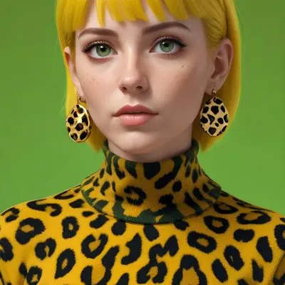A Caucasian Woman 25 Years Old With Yellow Hair And Yellow Eyes Wearing A Yellow And Black Leopard Turtleneck And Big Golden Earrings In A Green Background 14 5c9c