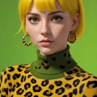 A Caucasian Woman 25 Years Old With Yellow Hair And Yellow Eyes Wearing A Yellow And Black Leopard Turtleneck And Big Golden Earrings In A Green Background 17 60e0