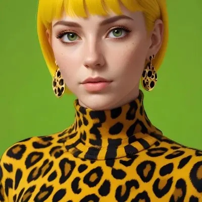 A Caucasian Woman 25 Years Old With Yellow Hair And Yellow Eyes Wearing A Yellow And Black Leopard Turtleneck And Big Golden Earrings In A Green Background 18 820f