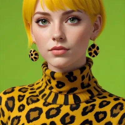 A Caucasian Woman 25 Years Old With Yellow Hair And Yellow Eyes Wearing A Yellow And Black Leopard Turtleneck And Big Golden Earrings In A Green Background 20 3c9a