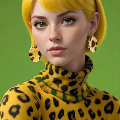 A Caucasian Woman 25 Years Old With Yellow Hair And Yellow Eyes Wearing A Yellow And Black Leopard Turtleneck And Big Golden Earrings In A Green Background 21 Fbdc