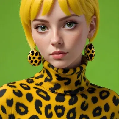 A Caucasian Woman 25 Years Old With Yellow Hair And Yellow Eyes Wearing A Yellow And Black Leopard Turtleneck And Big Golden Earrings In A Green Background 26 8156