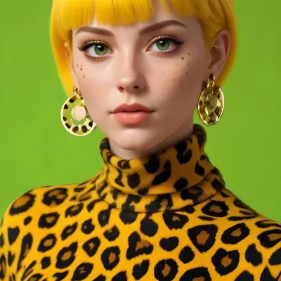 A Caucasian Woman 25 Years Old With Yellow Hair And Yellow Eyes Wearing A Yellow And Black Leopard Turtleneck And Big Golden Earrings In A Green Background 7 C0ca