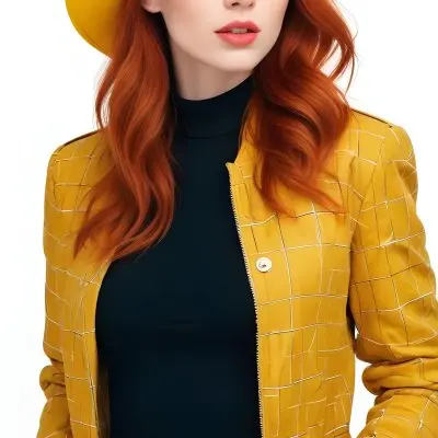 A Caucasian Woman 26 Years Old Red Hair White Lips Wearing A White Hat And A White Squared Jacket In A White Background 13 47fd