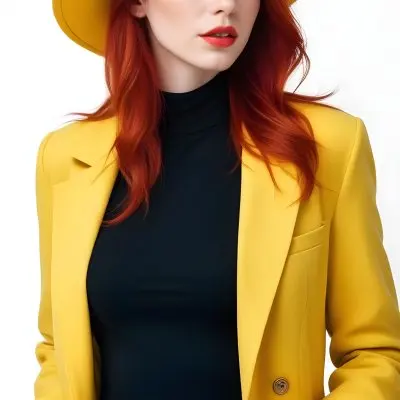 A Caucasian Woman 26 Years Old Red Hair White Lips Wearing A White Hat And A White Squared Jacket In A White Background 23 0780