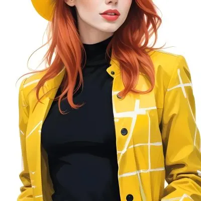 A Caucasian Woman 26 Years Old Red Hair White Lips Wearing A White Hat And A White Squared Jacket In A White Background 24 70a8