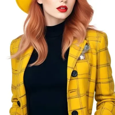A Caucasian Woman 26 Years Old Red Hair White Lips Wearing A White Hat And A White Squared Jacket In A White Background 25 F112