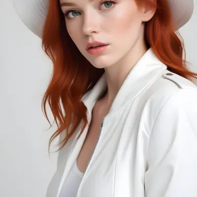 A Caucasian Woman 26 Years Old Red Hair White Lips Wearing A White Hat And A White Squared Jacket In A White Background 29 98dd