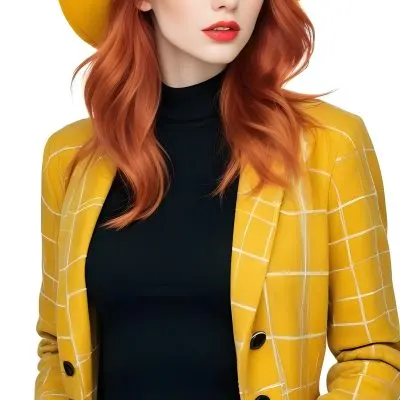 A Caucasian Woman 26 Years Old Red Hair White Lips Wearing A White Hat And A White Squared Jacket In A White Background 37 6373