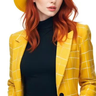 A Caucasian Woman 26 Years Old Red Hair White Lips Wearing A White Hat And A White Squared Jacket In A White Background 4 0b1c