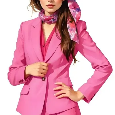 A Caucasian Woman 27 Years Old Long Brown Hair Wearing A Pink Suit And A Floral Scarf White Background 13 868a