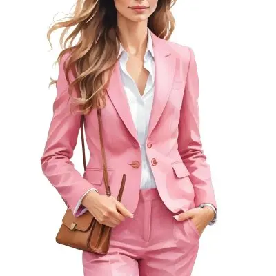 A Caucasian Woman 27 Years Old Long Brown Hair Wearing A Pink Suit And A Floral Scarf White Background 19 591b
