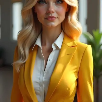 A Caucasian Woman 27 Years Old With Blonde Wavy Hair Wearing A Golden Suit And A White Shirt In An Office 5 2819