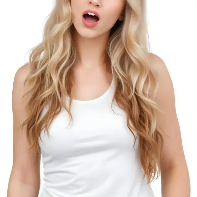 A Caucasian Woman 28 Years Old Blonde Wavy Hair Wearing A White Tank Top Making A Fish Face In A White Background 20 7c83