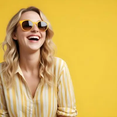 A Caucasian Woman 28 Years Old Blonde Wavy Hair Yellow Sunglasses And A Striped Shirt Laughing In A Yellow Background 1 E7c6 0a8e