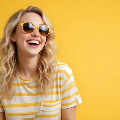 A Caucasian Woman 28 Years Old Blonde Wavy Hair Yellow Sunglasses And A Striped Shirt Laughing In A Yellow Background 23 D4df