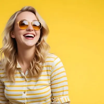A Caucasian Woman 28 Years Old Blonde Wavy Hair Yellow Sunglasses And A Striped Shirt Laughing In A Yellow Background 4 8fa3 B26c