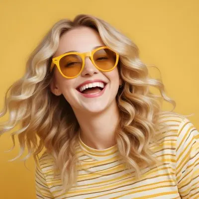 A Caucasian Woman 28 Years Old Blonde Wavy Hair Yellow Sunglasses And A Striped Shirt Laughing In A Yellow Background 6 B971 00ed