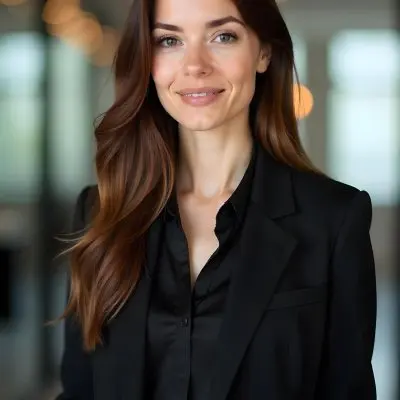 A Caucasian Woman 28 Years Old With Long Brown Hair Wearing A Black Suit And A Black Shirt In An Office 17 5734