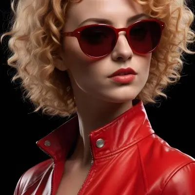 A Caucasian Woman 28 Years Old With Red Curly Hair And Black Sunglasses Wearing A Red Leather Jacket In A Black Background 25 7def