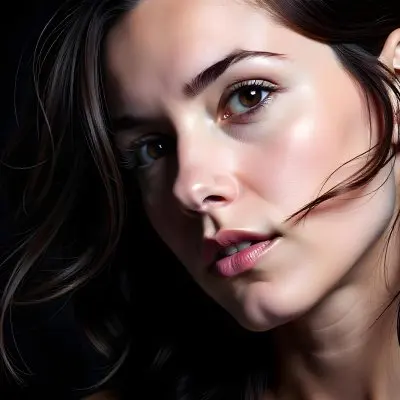 A Caucasian Woman Age 22 With Dark Skin Brown Eyes And Brown Hair Looking To The Right In A Dark Background 4 B71c
