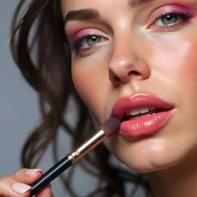 A Caucasian Woman Age 23 Brown Wavy Hair Freckles Applying Pink Makeup With A Brush Pink Lipstick Pink Blush In A Grey Background 21 168f