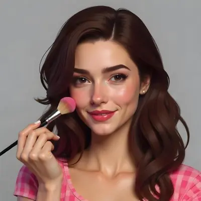 A Caucasian Woman Age 23 Brown Wavy Hair Freckles Applying Pink Makeup With A Brush Pink Lipstick Pink Blush In A Grey Background 28 1008