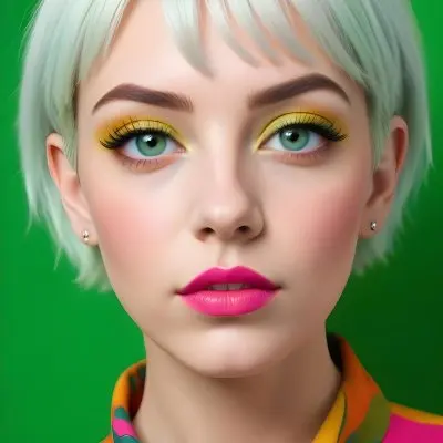 A Caucasian Woman Age 23 Green Short Hair Green Eyes Pink Lips Green Eyeshadow Wearing A Colorful Shirt In A Green Background 10 324b