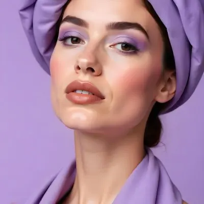 A Caucasian Woman Age 23 Light Skin Light Brown Hair Wearing A Purple Turban And Purple Makeup Brown Lipstick In A Purple Background 6 D717