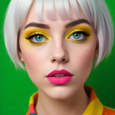 A Caucasian Woman Age 23 With Blue Hair And Green Eyes Wearing Green Eyeshadow And Pink Lipstick In Front Of A Yellow Background 4 76dc