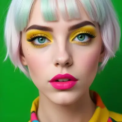 A Caucasian Woman Age 23 With Blue Hair And Green Eyes Wearing Green Eyeshadow And Pink Lipstick In Front Of A Yellow Background 9 1918