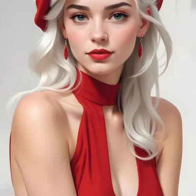 A Caucasian Woman Age 23 With Light Skin White Hair Wearing A Red Dress And A Red Hat With Earrings In A White Background 1 3d00