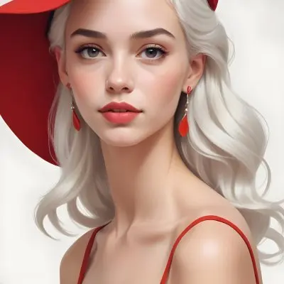 A Caucasian Woman Age 23 With Light Skin White Hair Wearing A Red Dress And A Red Hat With Earrings In A White Background 10 8c82