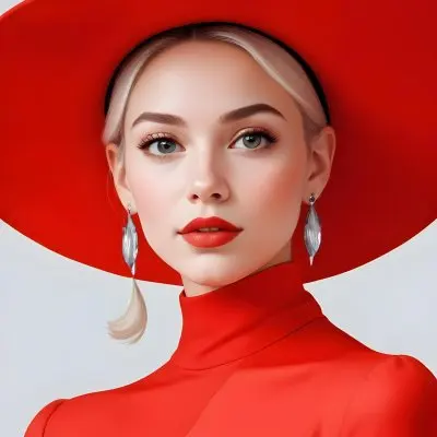 A Caucasian Woman Age 23 With Light Skin White Hair Wearing A Red Dress And A Red Hat With Earrings In A White Background 12 10e8