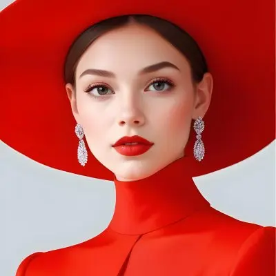 A Caucasian Woman Age 23 With Light Skin White Hair Wearing A Red Dress And A Red Hat With Earrings In A White Background 13 0cad