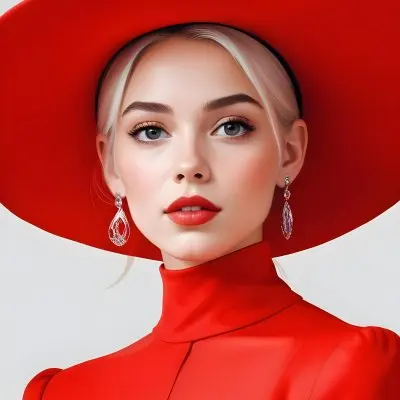 A Caucasian Woman Age 23 With Light Skin White Hair Wearing A Red Dress And A Red Hat With Earrings In A White Background 18 E052