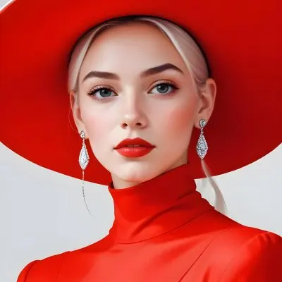 A Caucasian Woman Age 23 With Light Skin White Hair Wearing A Red Dress And A Red Hat With Earrings In A White Background 2 5821