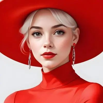 A Caucasian Woman Age 23 With Light Skin White Hair Wearing A Red Dress And A Red Hat With Earrings In A White Background 20 E94a