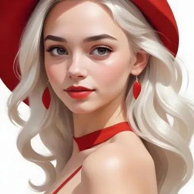 A Caucasian Woman Age 23 With Light Skin White Hair Wearing A Red Dress And A Red Hat With Earrings In A White Background 21 676f